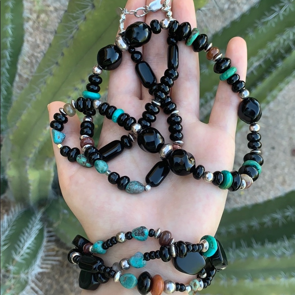 Sterling Silver Obsidian & Turquoise Set